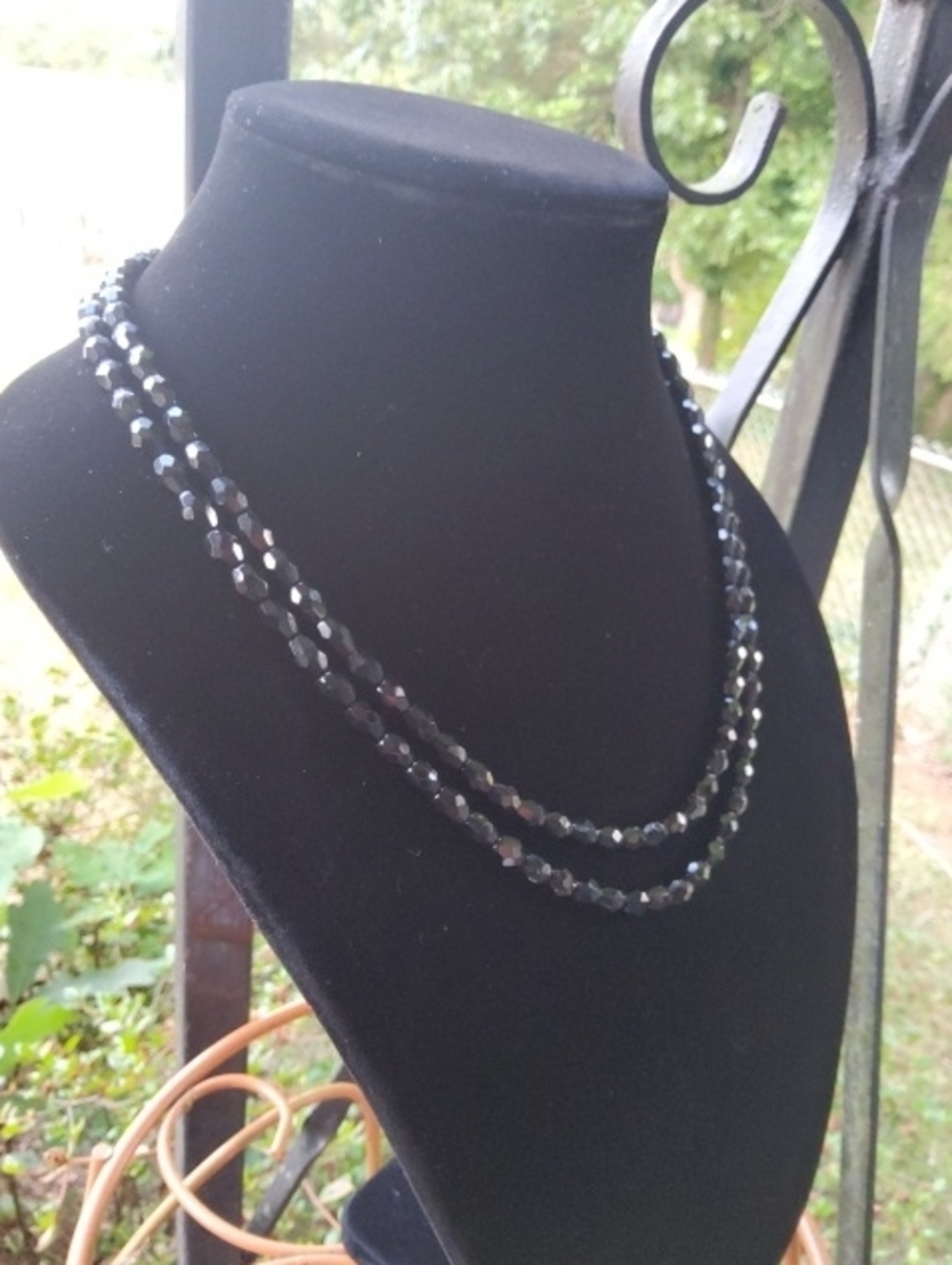 Double Strand Jet Black Glass Faceted Necklace.